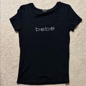 Bebe Black Short Sleeve Tee with Rhinestone size large